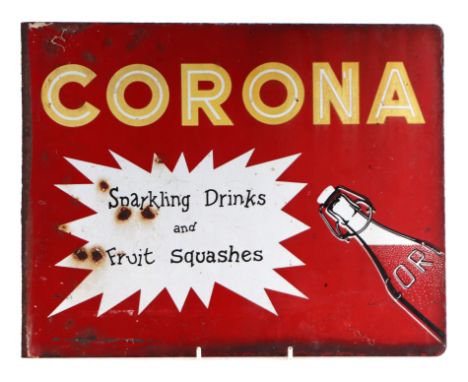A Corona Sparkling Drinks and Fruit Squashes double sided pictorial enamel sign, 36 by 28cms.