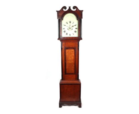 A longcase clock, the 30cm square arched painted dial with Roman numerals, subsidiary seconds dial and date aperture, signed 