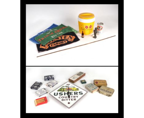 Breweryana items to include a brass cellarman's dip stick, 84cm long; an Ushers Country Bitter wall clock; a bar towel; playi