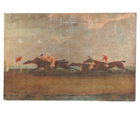 Horseracing interest:  An 18th century style overpainted print depicting a horse race with four horses galloping towards the 