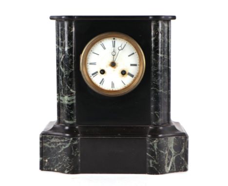 A Victorian black slate and figured green marble mantel clock, the white enamel dial with Roman numerals, 26cm wide. 