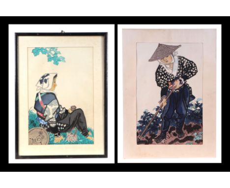 Eiichi Kotozuka (Japanese 1906-1979) - Farmer in Kyoto - coloured woodblock print, mounted but unframed, 25 by 39cms; togethe