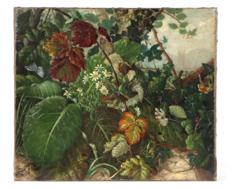 R J Mackay (Victorian school) - Brambles and Butterflies - signed &amp; dated 1878 lower left, oil on canvas, unframed, 36 by