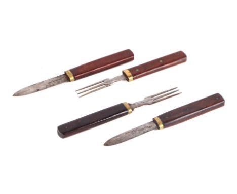 Two 19th century Army Campaign travelling knife &amp; fork sets with teak handles and interlocking blades. (2)