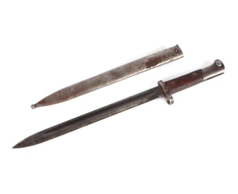 A WW2 Czechoslovakian VZ98/22 Mauser bayonet in its steel scabbard. Marked to the ricasso CSZ H. Blade length 30cms (11.75ins