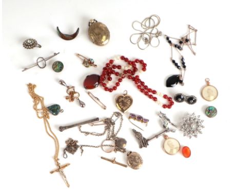 A 9ct gold crucifix on a 9ct gold chain, 4.5g; together with a pearl and carnelian bead necklace; two 9ct gold mounted photog