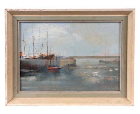 S R Michalski (20th century school) - Evening in Lowestoft Harbour - signed &amp; dated 1974 lower right, oil on board, frame