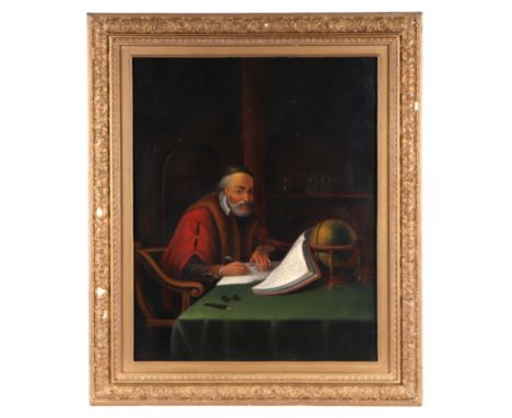 19th century continental school - Portrait of Nostradamus Seated at a Desk - oil on panel, framed, 36cm by 44cm. Condition Re