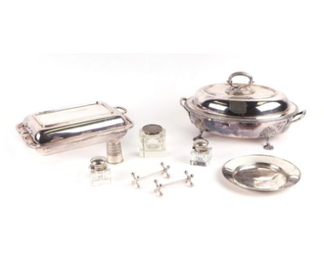 A silver topped glass inkwell, Sheffield 1901, a pair of glass and silver plate inkwells, silver plated entree dishes and oth