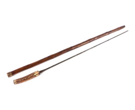 A stag antler handled sword stick with square tapering steel blade. Blade length 60cm , overall length 85cm l 