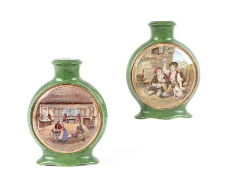 A pair of Prattware vases, 16.5cm high; together with a group of Prattware pot lids, all framed, to include the Wolf and the 