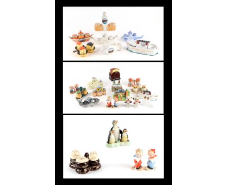A large collection of novelty cruet sets including Goebel Skiers, Macintyre, Carltonware and others similar.