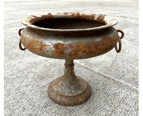 A cast iron classical form pedestal urn planter with ring handles. 54cm wide