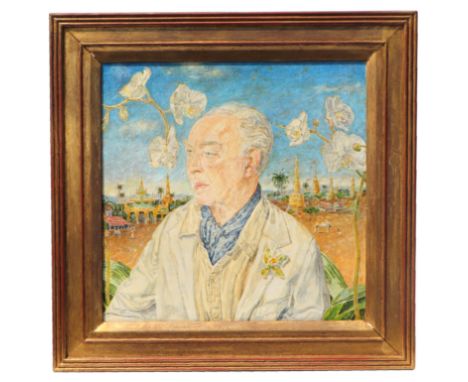 Attributed to James Reeve (b1939)  - Portrait of The Ambassador Standing in Front of a Temple - oil on canvas, framed, 35 by 