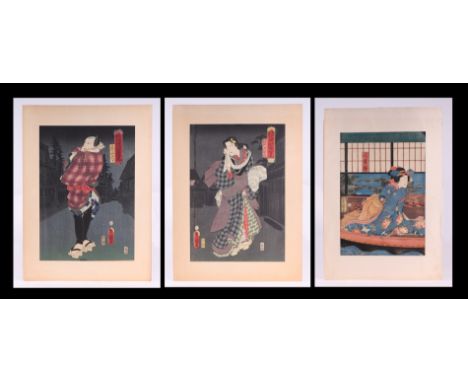 Utagawa Kunisada (1786-1865) - a pair of coloured woodblock prints, unframed, 24 by 35cms; together with Utagtawa Toyokuni (1