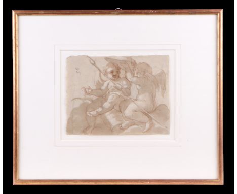 Attributed to Prospero Fontana (Bologna 1512-1597) - Two Cherubs Seated in Clouds Playing with the Arms of Mars - ink &amp; b