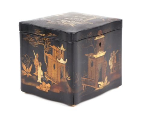 A 19th century chinoiserie tea caddy of shaped rectangular form, decorated with figures and buildings, 13cm wide. 