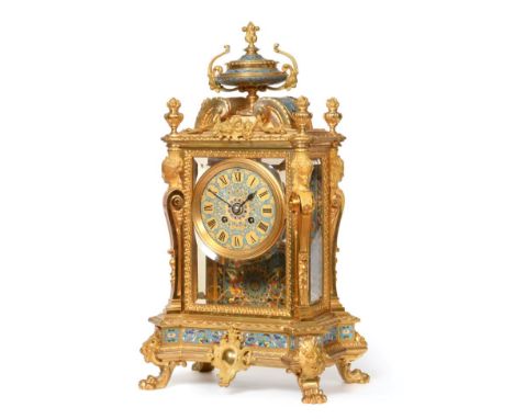 An Ormolu and Champleve Enamel Striking Mantel Clock, signed Lemaistre A Paris, circa 1880, surmounted by an urn shaped finia