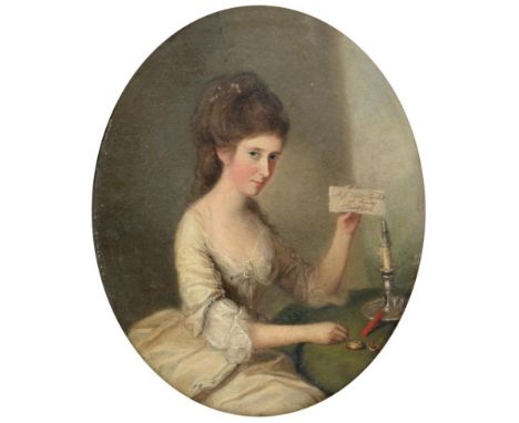 Circle of Nathaniel Dance RA (1735-1811) Portrait of Mrs General Mayne, seated, three quarter length at her writing desk and 