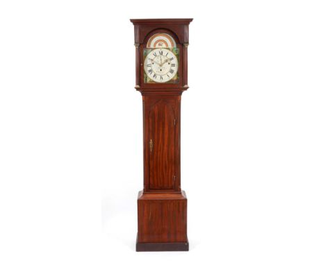 ~ A Mahogany Musical Eight Day Longcase Clock, signed Hinderwell, Norton, early 19th century, flat top pediment, Corinthian c