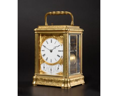 A Fine Brass Engraved Strike and Repeat Grande Sonnerie Alarm Carriage Clock with Calendar Displays, signed Henri Jacot, Pari