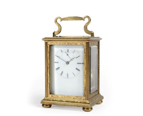 A Brass Engraved Striking Carriage Clock, signed Bolviller A Paris, circa 1840, the elaborately engraved scroll decorated cas