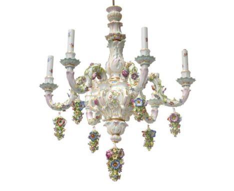 A Meissen Porcelain Six-Light Chandelier, circa 1866, with leaf sheathed baluster column and scroll branches naturalistically