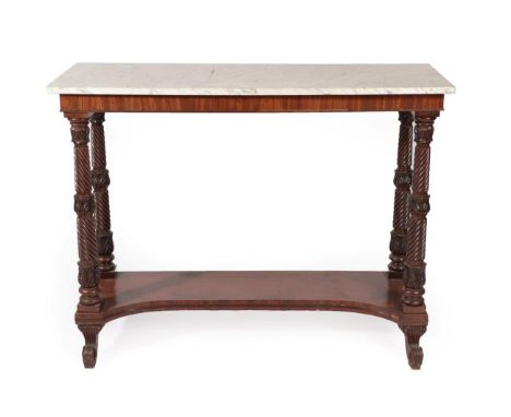An Early Victorian Mahogany and Marble Top Console Table, mid 19th century, the grey and white Carrara top above a plain frie