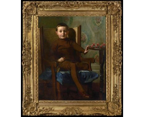 Frederick George Swaish (1879-1931)  Young boy sitting in an Orkney chair playing with his toy soldiers (A Highland Regiment)