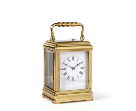 A Mignonette Brass Striking and Repeating Carriage Clock, signed Henri Jacot, circa 1880, gorge style case with carrying hand