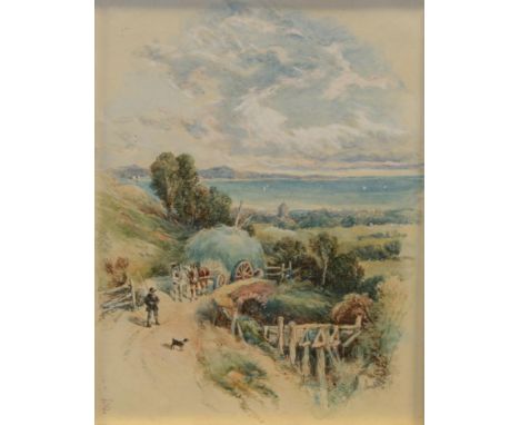 Myles Birket Foster RWS (1825-1899) Figure with a dog and hay cart on a country lane Monogrammed, watercolour, 13cm by 10cm  
