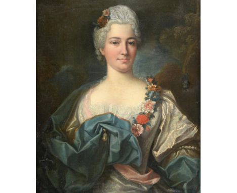 Follower of Jean-Marc Nattier (1685-1766) French Portrait of a lady wearing a powdered wig, silk dress with lace decolletage,