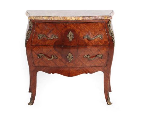 A Louis XV Style Kingwood and Parquetry Decorated Commode, circa 1900, with a violet dura brocatelle marble top above two dee