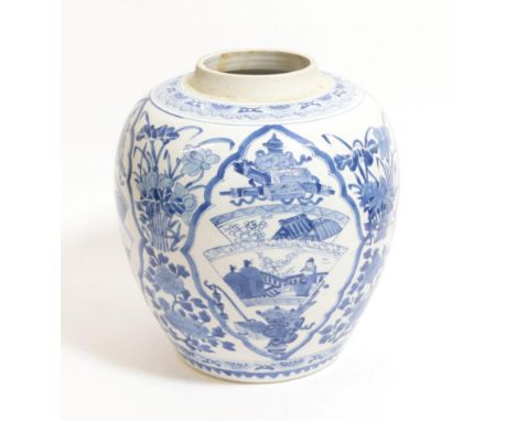 A Chinese Porcelain Ovoid Jar, Kangxi, painted in underglaze blue with fan shaped panels of landscapes and with precious obje