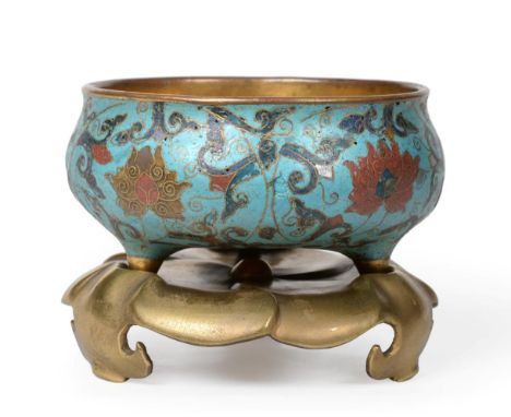 A Chinese Cloisonné Enamel Censer on Stand, Kangxi period, of squat globular form on tripod feet, decorated with scrolling lo