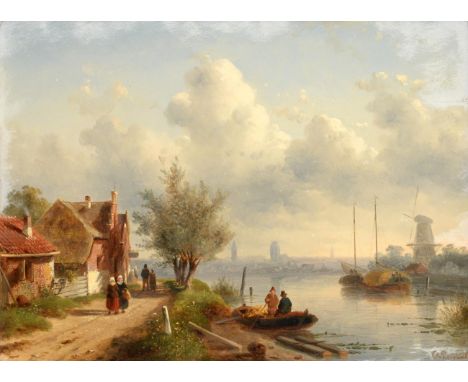 Charles Henri Joseph Leickert (1816-1907) Dutch River landscape with town to distance Signed, oil on panel, 23cm by 31cm   Se