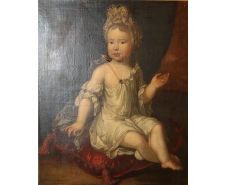 Follower of Sir Peter Lely (1618-1680)  Portrait of a child seated on a red cushion  Oil on canvas, 73.5cm by 60cm 