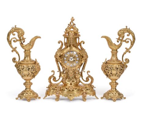 An Imposing Gilt Metal Striking Mantel Clock Garniture, retailed by John Walker, 230 Regent Street, London, circa 1890, the e