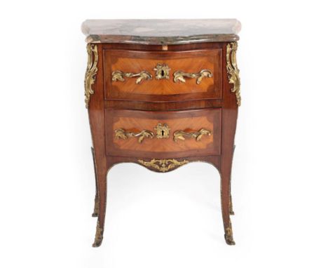 A Louis XV Style Rosewood and Tulipwood Petits Commode, late 19th/early 20th century, with a purple-veined marble top above t