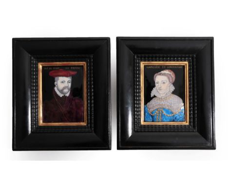 A Pair of Limoges Porcelain Portrait Plaques, depicting bust portraits of Gui du Faur de Pibrac (1529-1584), Marguerite de Le