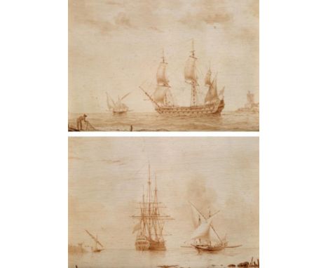 William Frederick Settle (1821-1897) Galleon and Schooner in anchor  Tall masted ship off shore  Oil on panel in monochrome, 