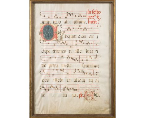 ILLUMINATED MANUSCRIPT : single leaf from a choir book probably North European, on vellum with an illuminated chapter heading