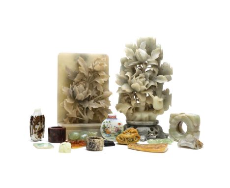 A collection of Chinese hardstone carvings,  20th century, including, two soapstone, pierced and carved with peony, 17.8 and 