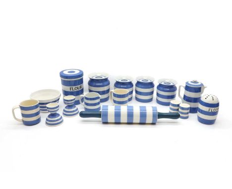 A collection of TG Green pottery teawares, 20th century, comprising a flour pot and cover, 17cm high, a sugar storage jar and