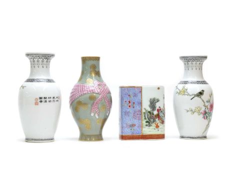 A collection of Chinese famille rose, 20th century, comprising:a pair of vases, of baluster form, decorated with a bird perch