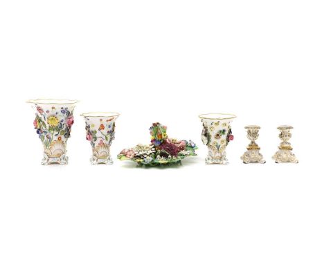 A Spode porcelain floral encrusted garniture, 19th century, no. 4649, 15.8cm highesta floral encrusted desk stand, 25.5cm wid