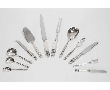 A Georg Jensen sterling silver 'Acorn' pattern part canteen, originally designed in 1915 by Johan Rohde, comprising:8 dinner 