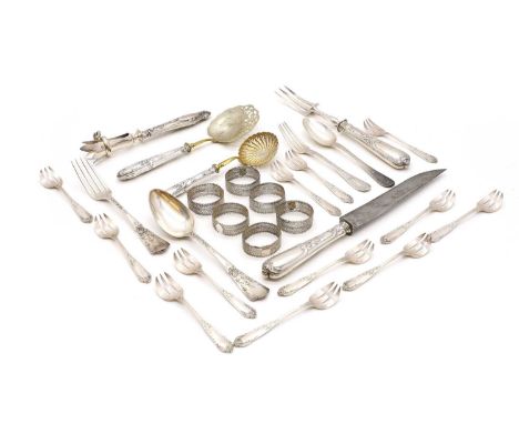 A collection of French silver flatware, comprising an Art Nouveau silver-handled ice cream spoon and a sugar sifter, with gil