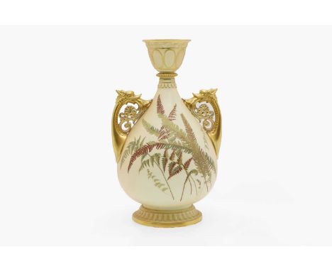A Royal Worcester blush ivory porcelain vase dated 1892, of ovoid form, shape number 1117, the body painted with ferns, flank