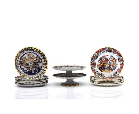 Two Spode 'Japonesque' porcelain dessert sets, both with low tazzas, with seven and six scalloped plates, printed marks, 22cm